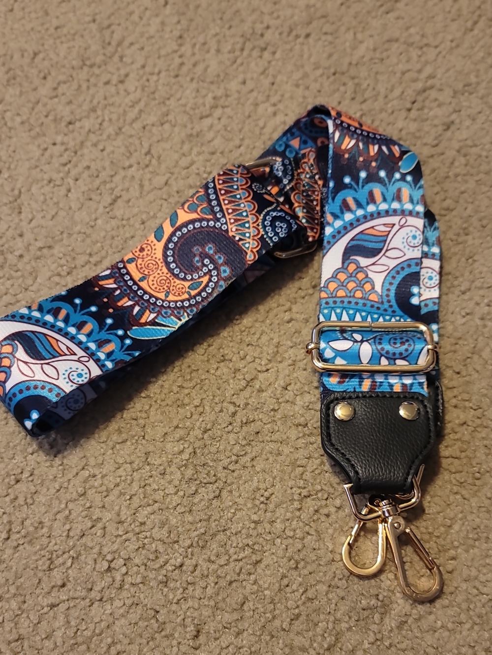 Amazon Blue and Orange Paisley Bag Strap with Gold Hardware